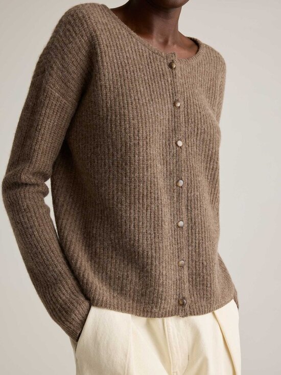 Quince Sweaters - Quince 100% Yak Soft Rib Crew Cardigan Button-Front Heather Brown